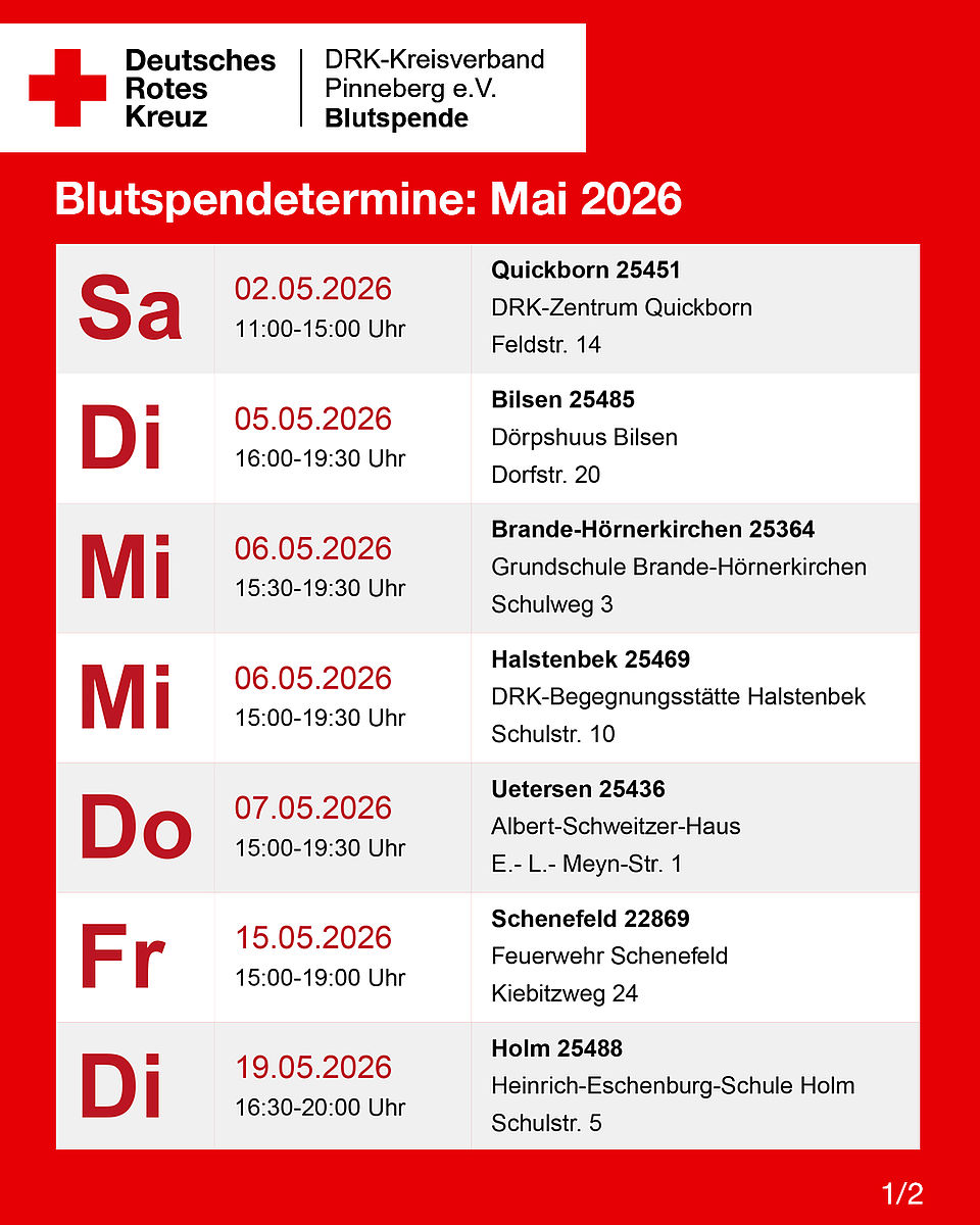 Auflistung aller Blutspendetermine des Monats - Termine können auch abgefragt werden auf www.drk-blutspende.de