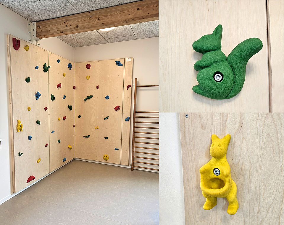 Kita Appen Kletterwand mit Halterungen in Tierform