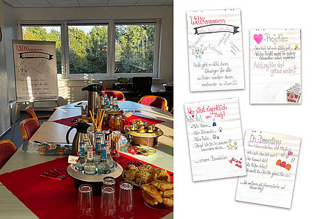 Ein Blick in den Meetingraum des Netzwerktreffens mit einem gedeckten Tisch und Flipcharts