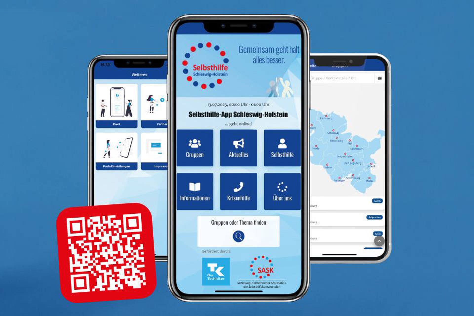 Selbsthilfe App Selbsthilfe App auf Mobiltelefonen dargestellt, sowie der QR-Code zur App