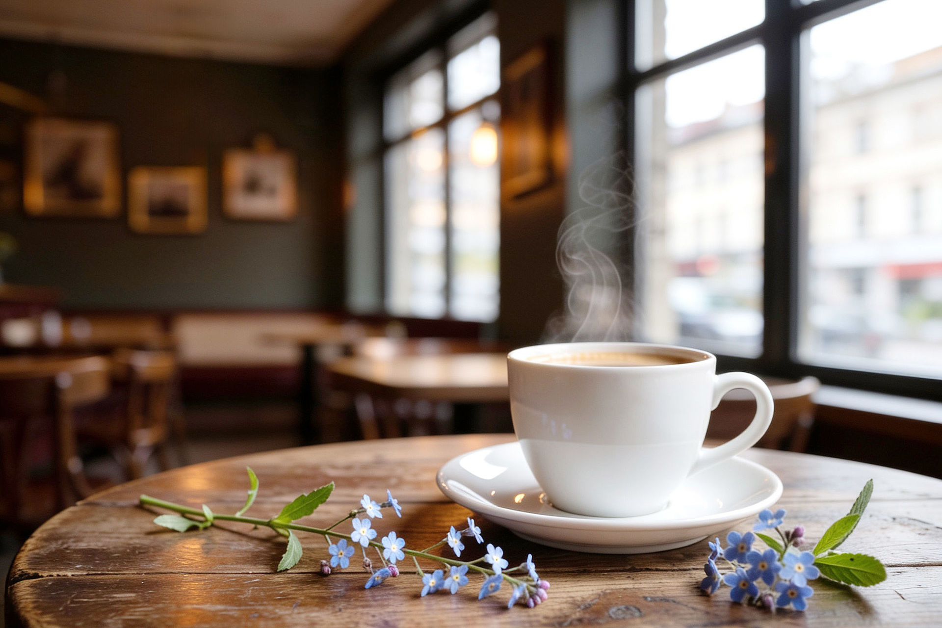 Symbolbild Kaffeetasse auf einem Tisch im Kaffee, im Vordergrund liegen VergissMeinNicht-Blumen